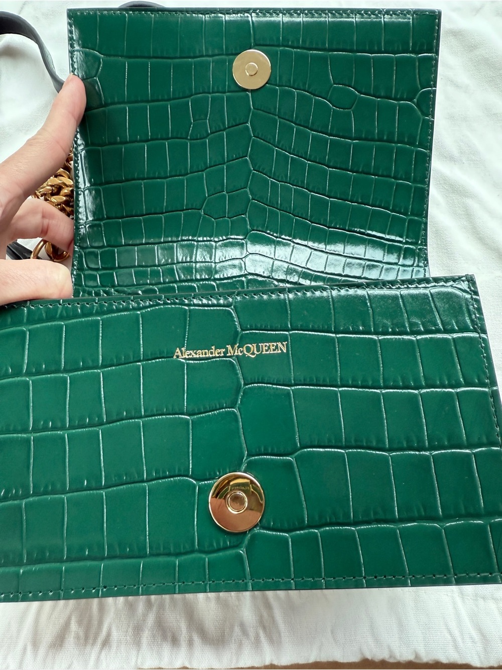 ALEXANDER MCQUEEN ‘Mini Jeweled Croc Satchel’ in Emerald/Gold - Picture 12 of 14